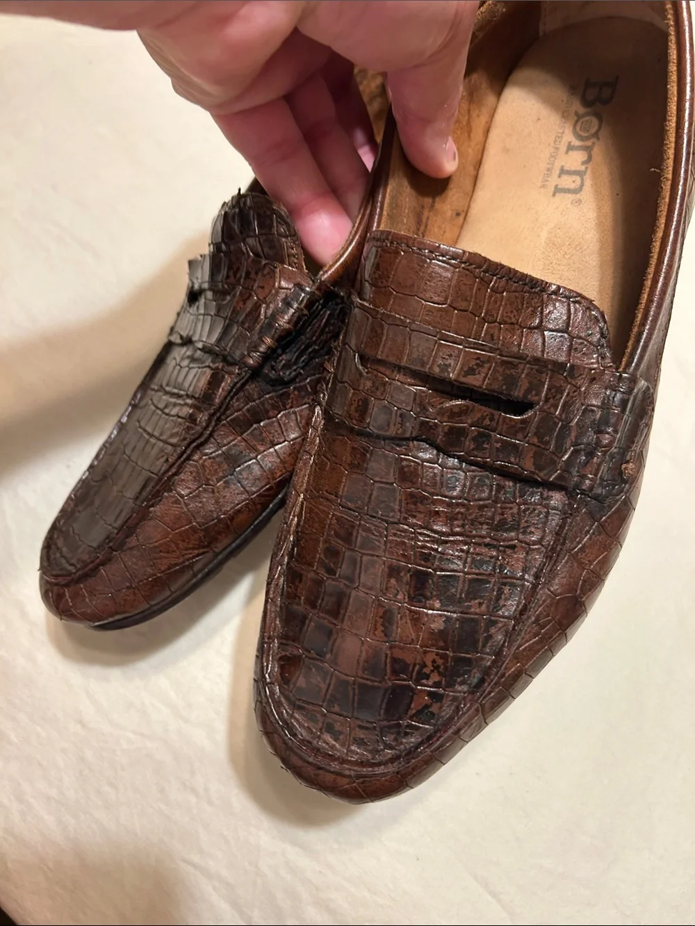 Born Men’s Dark Brown Croc-Embossed Leather Slip-On Loafers